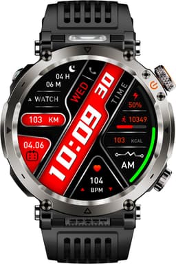 Knobbout 1.7" Scherm Outdoor Smartwatch – Digitale Kompas - LED & UV Licht -600mAh batterij - Bluetooth Bellen- IP68 Waterdicht -AI Spraakassistent - Gezondheid & Sportfuncties -Zwart staal + Siliconen Band — thumbnail 3