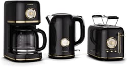 Klarstein Victoria ontbijtset – broodrooster voor 2 sneetjes met 7 bruiningsstanden, waterkoker van 1,7 liter, filterkoffiezetapparaat voor 12 kopjes, roestvrij staal, retro design, broodjesrek, warmhoudfunctie, zwart — thumbnail 1
