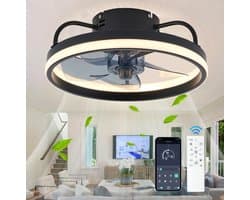 Lichtendirect- Plafondventilator met verlichting- 34 CM- Smart Lamp - 6 Standen Ventilator – Plafonniere Keuken Lamp - Woonkamerlamp - Dimbaar met afstandsbediening- APP functie- Zwart