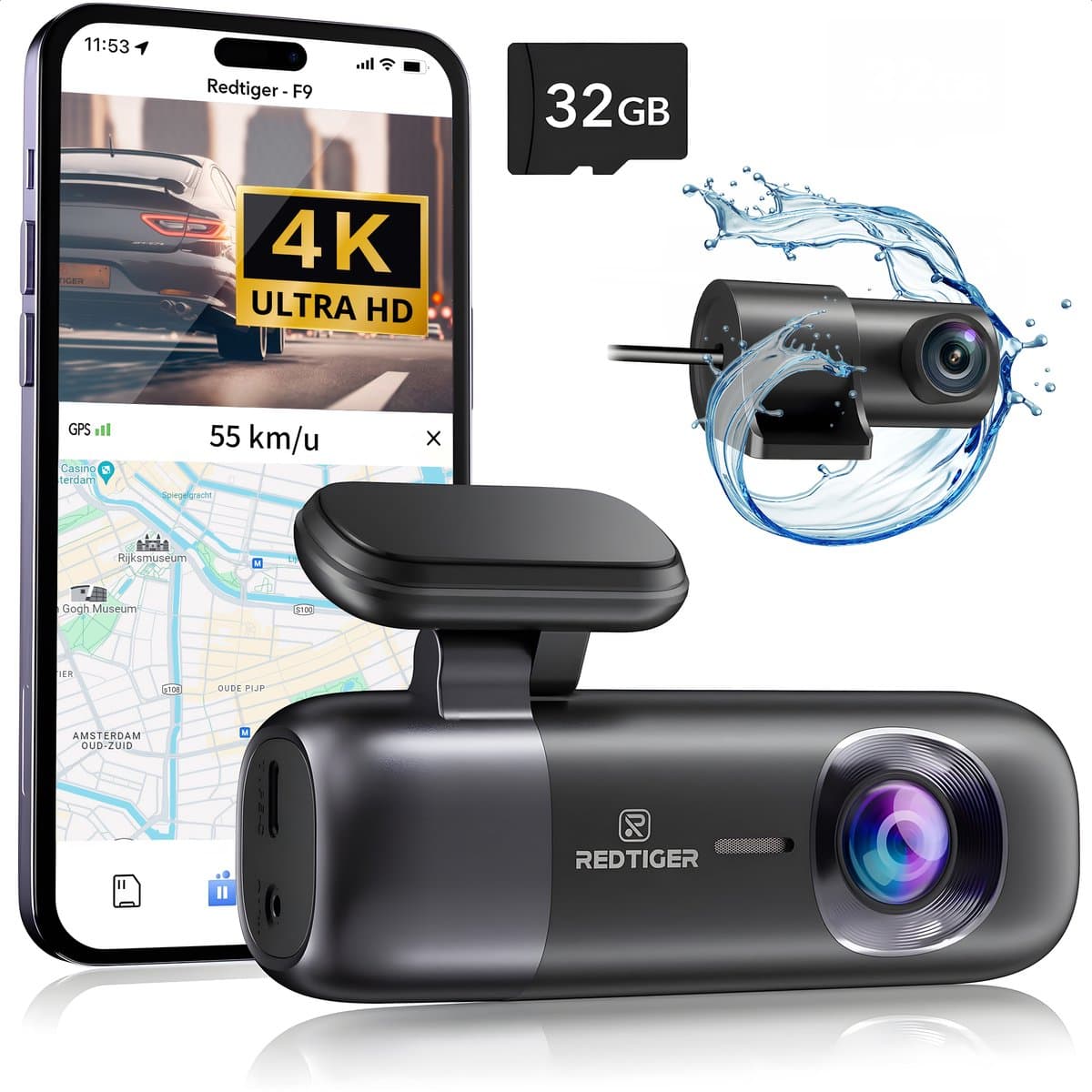 RedTiger F9 Dual Dashcam voor auto - Ultra 4K & 1080P - Voor en Achter Camera - WiFi en GPS - met App - Sony Sensor - Nachtzicht - Parkeerbewaking - G Sensor - Loop opname - Full HD achter camera - Met 32GB SD Kaart — afbeelding 1