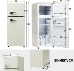 retrokoelkast, koel-vriescombinatie, 105,5 cm hoog, 41 cm breed, tweedeurig, met 92 liter totaal volume, 28 liter vriesvolume. Deurrek en glasrek. 116 kWh/jaar, -27掳C ~13掳C, LED-verlichting — thumbnail 3
