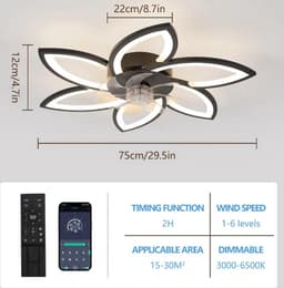 6 Sterren Plafondlamp Met Ventilator - Zwart - Met Afstandsbediening - Smart lamp - Dimbaar Met App - 6 Standen Ventilator - Woonkamerlamp - Moderne lamp - Plafoniere — thumbnail 5