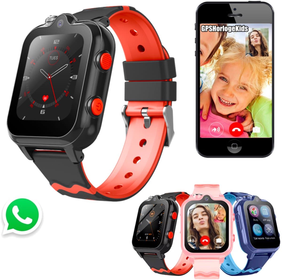 GPSHorlogeKids© - GPS horloge kind - smartwatch kinderen - WhatsApp - 4G videobellen - spatwaterdicht - SOS alarm - Dual Camera - gezichtsherkenning - incl. SIM - DUO Zwart — afbeelding 1