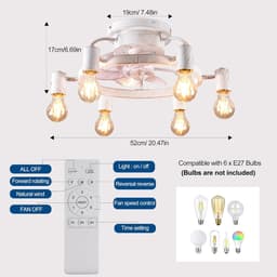 Plafondventilator met Verlichting - Wit - 6 Snelheden - Rustiek Industrieel Ontwerp - Voor Slaapkamer en Keuken — thumbnail 5