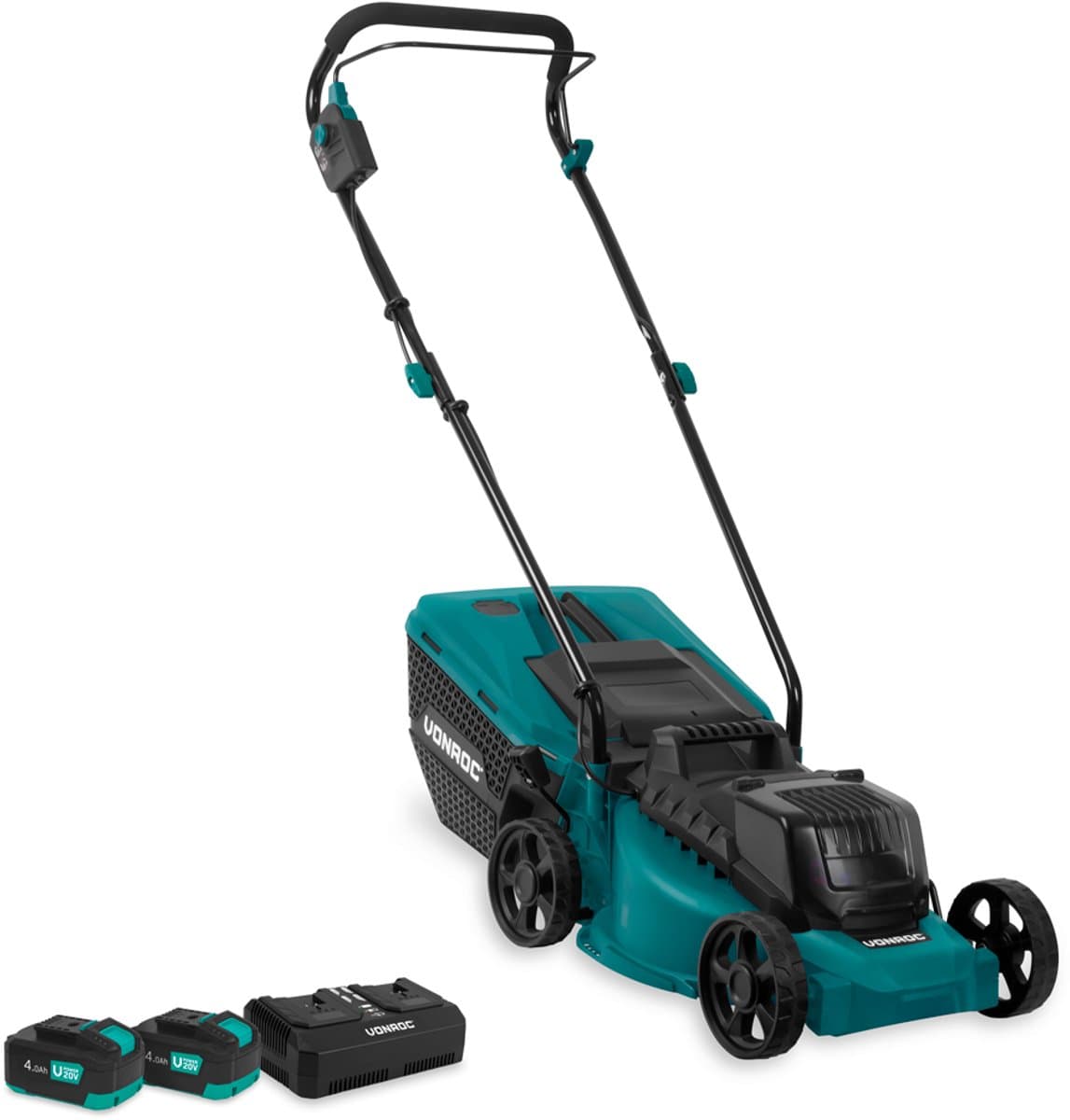 VONROC Accu Grasmaaier – 40V – 33 cm maaibreedte – Brushless motor - Vijf instelbare maaihoog-tes: 30/40/50/60/70 mm - Incl. 30L Opvangbak - Incl. 2x 4.0Ah Accu en Dubbele snellader — afbeelding 1