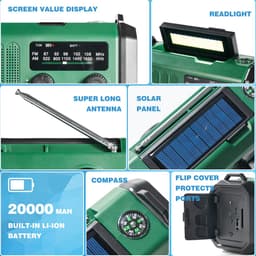 YONO Noodradio Solar Opwindbaar - Batterij Oplaadbaar 20.000mAh - Powerbank Zonneenergie - Draagbare Radio - Zaklamp - Survival Noodpakket — thumbnail 2