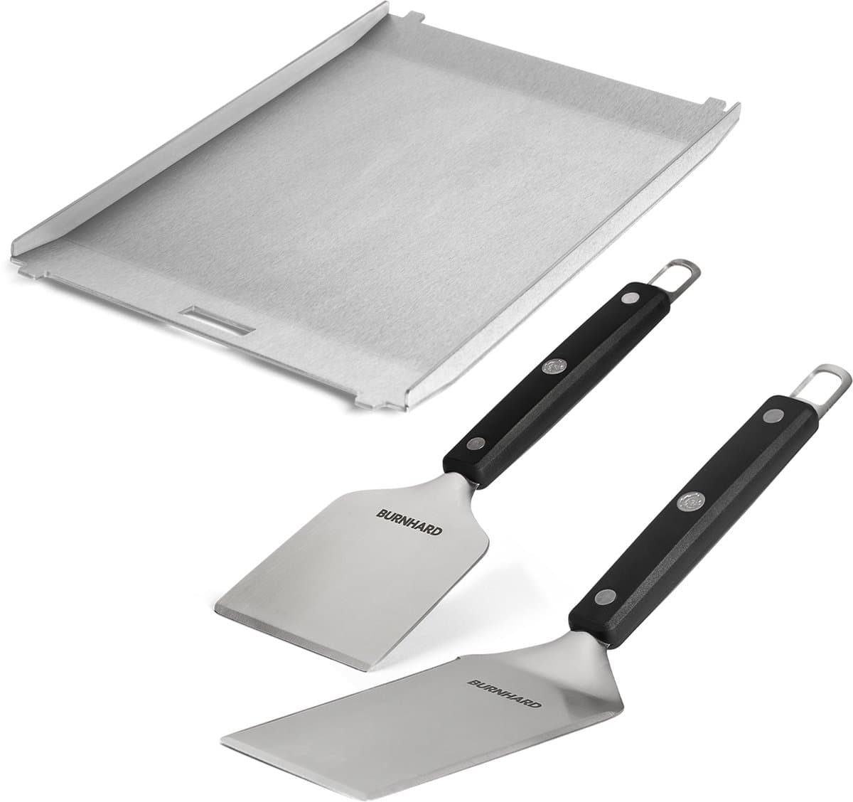 Plancha Set BURNHARD® 2-delig, roestvrij staal, ergonomisch, voedselveilig, slagvast, krasbestendig – Grillspatel en Grillschraper Set — afbeelding 1