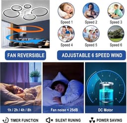 LuxiLamps - 5 Ringen Plafondventilator - Wit - 6 Snelheden - Dimbaar Met Afstandsbediening en APP - Moderne Cirkel Ventilator Licht — thumbnail 3