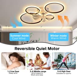 LuxiLamps - 4 Ringen LED Plafondventilator - Zwart - 6 Snelheden - Smart lamp - Dimbaar Met Afstandsbediening & APP - Moderne Cirkel Ventilator Licht - Kroonluchter Ventilator — thumbnail 5