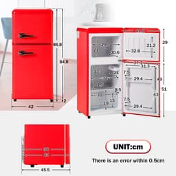 Sweiko Mini koelkast, Koel-vriescombinatie, Retro koelkast, 86.8*45.5 cm, dubbele deur, Totaal volume van 60L, Vrieskamer capaciteit van 22L, 163 kWh/jaar, -27° C~13° C, LED licht, Rood, Energieniveau F — thumbnail 3
