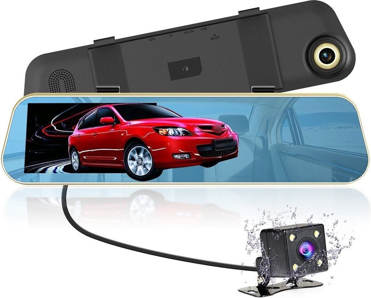 TechU™ Dashcam Voor en Achter Camera – M30 Zwart – Dashboardcamera – 4.3” Scherm & 12” Spiegel – G-sensor – Bewegingssensor – Loop recording – Nachtvisie – 150° Wijdhoeklens – Incl. Achteruitrijcamera - voor auto — afbeelding 1