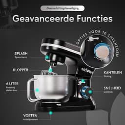 Selotus Keukenmixer – 6L RVS mengskom – 3x opzet stuk erbij – Likker – keukenmachine – foodprocessor – keukenrobot – 1400W - Zwart — thumbnail 4