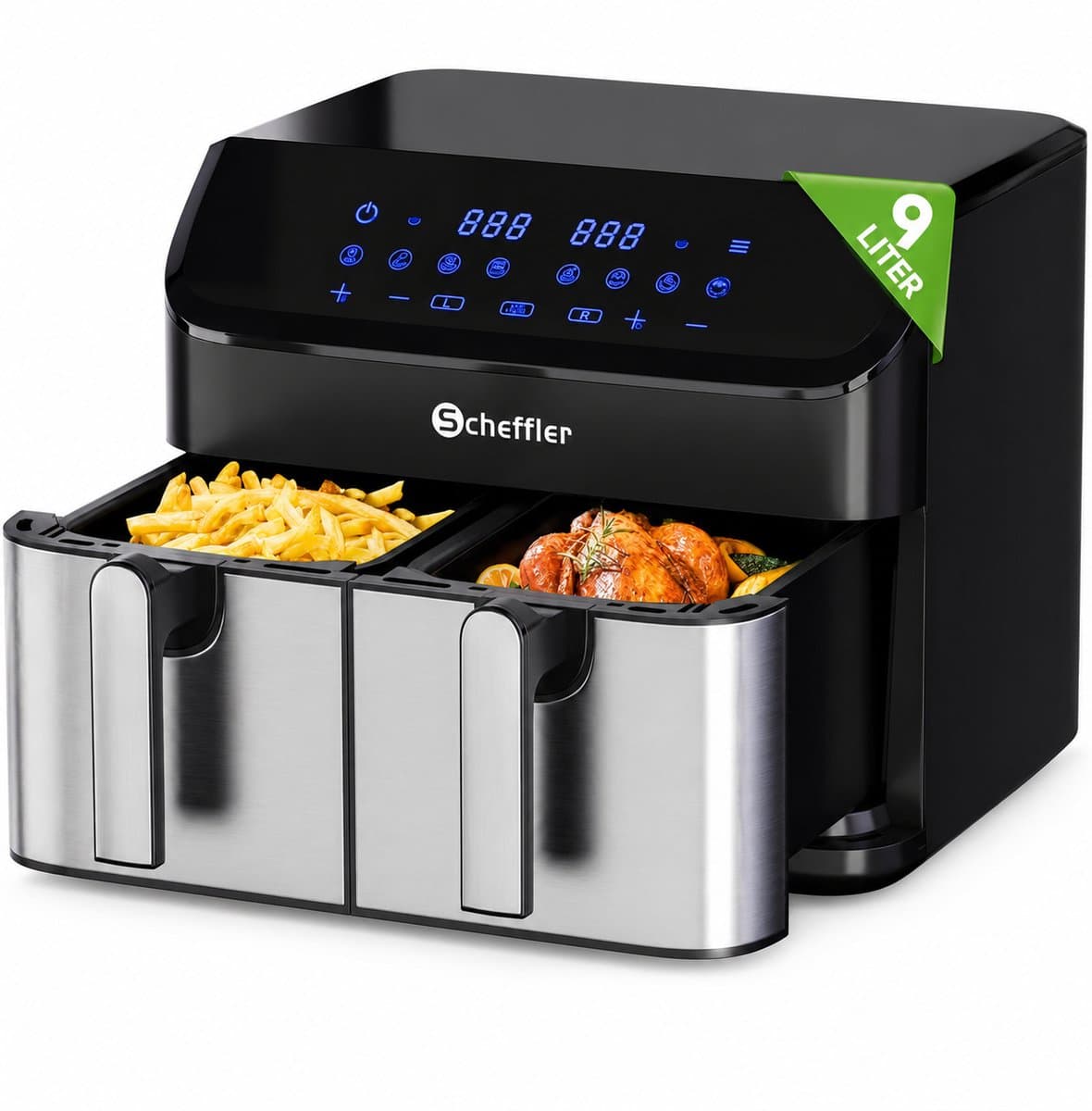 Scheffler heteluchtfriteuse met 2 compartimenten, 9 liter inhoud, 8 programma's, Dual Cook & Sync Finish — afbeelding 1