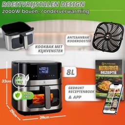 Heteluchtfriteuse RVS XXL 8L, 2000W, Airfryer roestvrij staal met LED Touch Display, Double Heating technologie, kijkvenster, vetarme frietfriteuse zonder olie incl. recepten — thumbnail 4