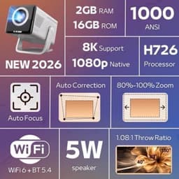 Beamer Draagbaar - 1000 ANSI Lumen Full HD 1080p - LED Projector - Android 14 Smart Systeem - Wi-Fi Bluetooth - Voor Thuisbioscoop En Buiten — thumbnail 3
