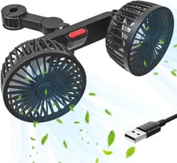 Autoventilator, USB-ventilator, 5 V, 2 A, met 3 snelheden, voor achterbank, passagiers, 360 graden draaibaar, ventilator met twee koppen, voor voertuigen zoals sedan, SUV, camper — thumbnail 1