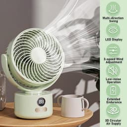 KZQ USB Bureauventilator Met 3 Snelheden En 3600mAh Accu, Stil Met Bionische Bladen, 140 Graden Kantelbaar En Automatische Zwenk, Draagbaar Voor Thuis, Kantoor En Camping, Lichtgroen — thumbnail 2