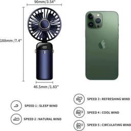 Draagbare USB-ventilator met led-display (3-in-1: hand-, nek- en tafelventilator), opvouwbaar en 90° verstelbaar – ideaal voor zomer, kantoor, slaapkamer en op reis; cadeau voor volwassenen en kinderen (donkerblauw) — thumbnail 5