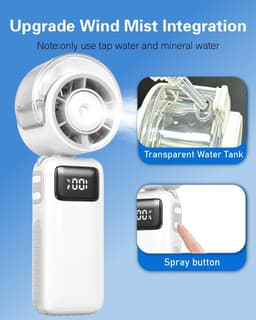 Handventilator met nevel - 65,5 × 54 × 175 mm - Draagbaar - 3600 mAh - Oplaadbaar - 5 windsnelheden - Opvouwbaar - Ideaal voor buitenactiviteiten, reizen, strand, kamperen, golfen - Wit — thumbnail 4