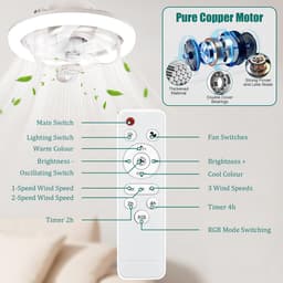 Plafond Ventilator met Verlichting en RGB - Ventilator Lamp Plafond - Stille Plafondlamp - E27 Fitting - 16 Kleuren - Timer - 3 Windsnelheden — thumbnail 4
