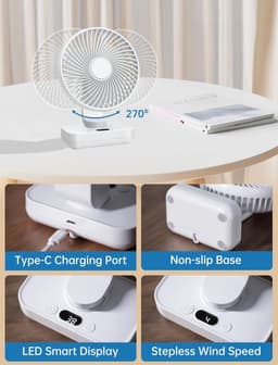 Mini Bureauventilator - Stil Persoonlijk Ventilator - Oplaadbaar 3600mAh Batterij - 4 Windsnelheden - 120° Oscillerend - Voor Thuis, Kantoor, Buiten En Reizen - Wit — thumbnail 3
