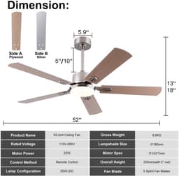 FloraGrace Plafondventilator Met Licht En Afstandsbediening - 52 Inch - 5 Bladen - Nickel - Dimbaar Ledlicht - Voor Binnen En Buiten — thumbnail 4