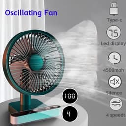Stille oscillerende ventilator - Draagbare USB-bureauventilator met een 4000mAh-batterij, 4 windsnelheden, 180° oscillatie, groene kleur. — thumbnail 2