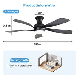 Plafondventilator Met Lamp - 5 ABS Bladen - Ø 132 cm - Dimbare lamp - Met Afstandsbediening - 6 ventilatorstanden - LED's Light - Zwart — thumbnail 4