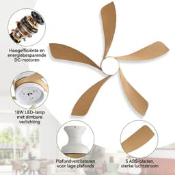 Plafondventilator Met Lamp - 5 ABS Bladen - Ø 132 cm - Dimbare lamp - Met Afstandsbediening - 6 ventilatorstanden - LED's Light - Wit, natuurlijke houtkleur — thumbnail 2