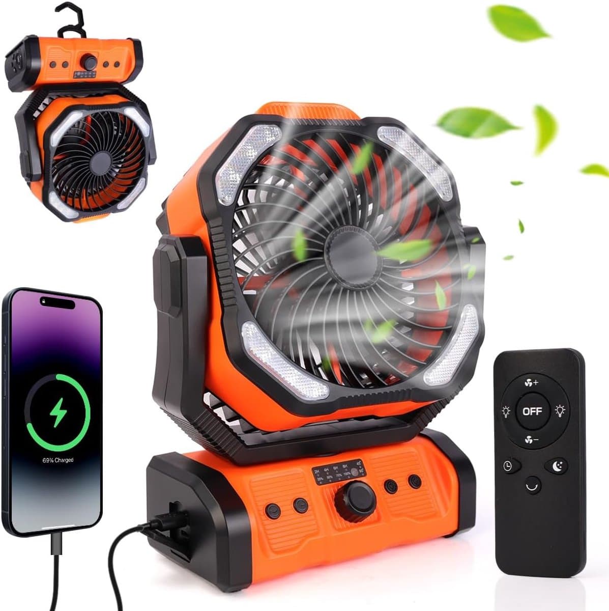 20000 mAh USB-campingventilator met LED-verlichting, draagbare oplaadbare bureau-/tentventilator met afstandsbediening en haak, 270° draaibare kop voor vissen en als windscherm. — afbeelding 1