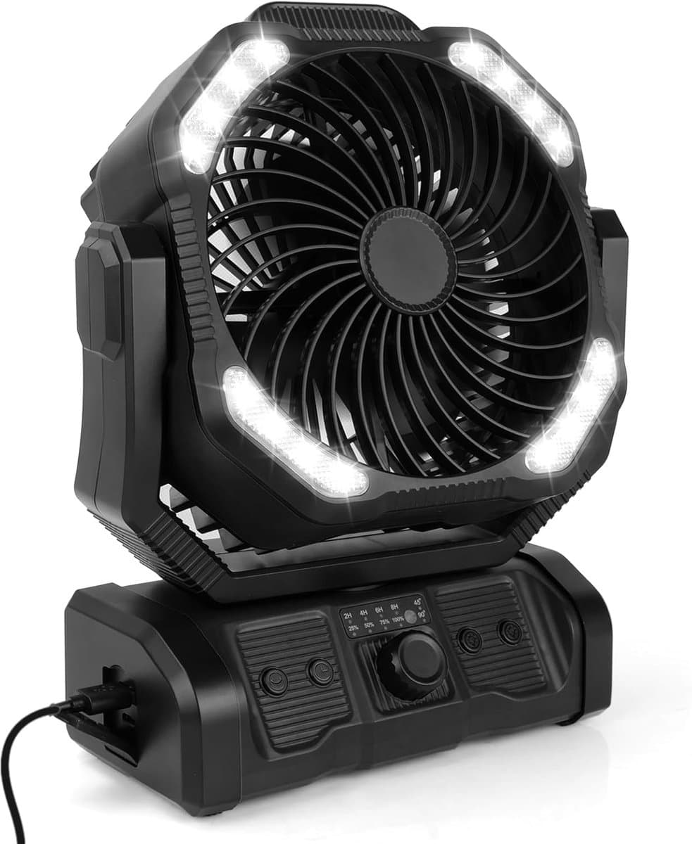 20000 mAh USB-campingventilator met LED-verlichting, draagbare oplaadbare bureau-/tentventilator met afstandsbediening en haak, 270° draaibare kop voor vissen en als windscherm. — afbeelding 1