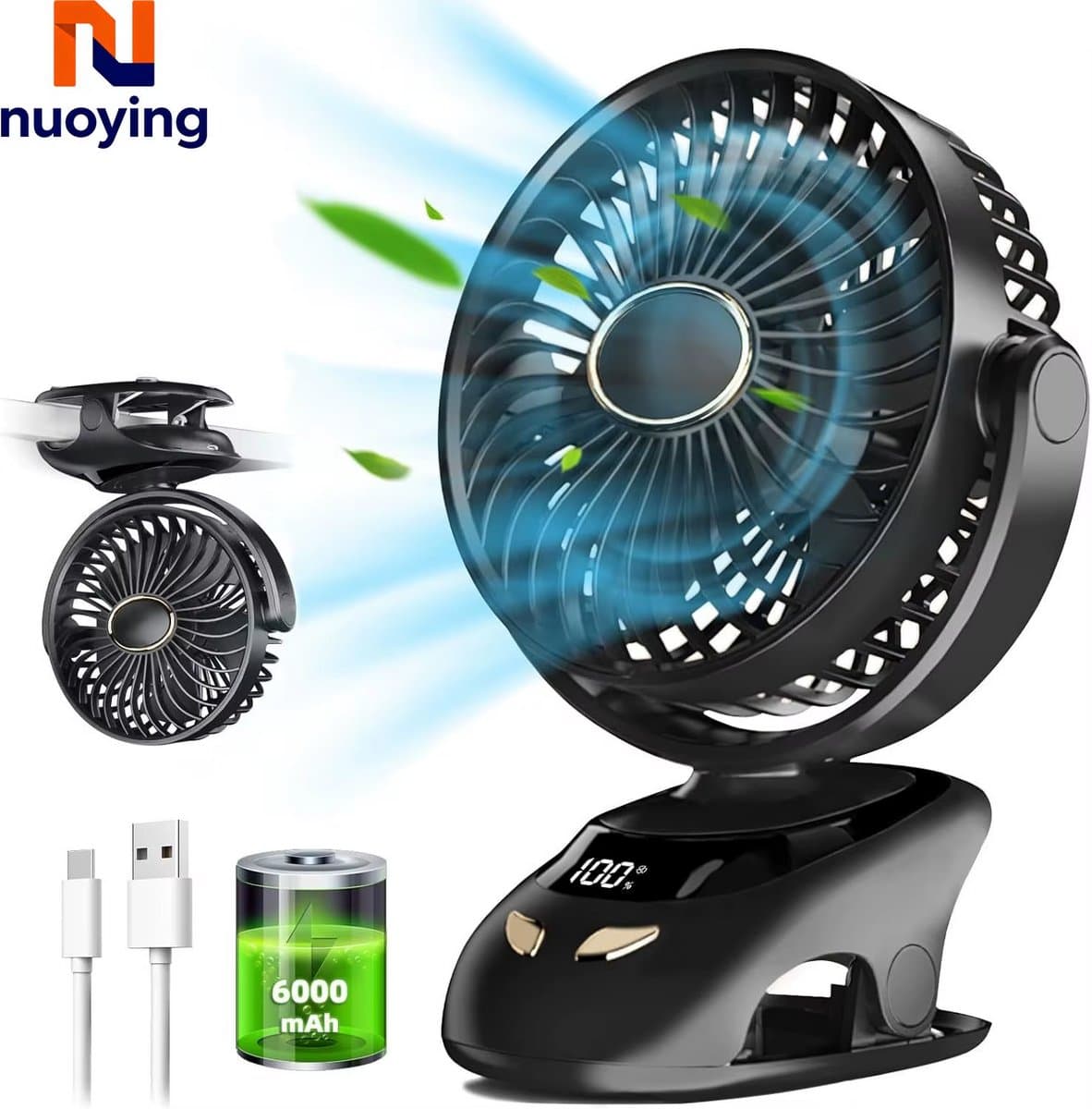 Kinderwagen Ventilator met Clip – USB Oplaadbaar 6000mAh – 5 Standen – Digitaal Display – 90° Kantelbaar – Bureauventilator – Zwart — afbeelding 1