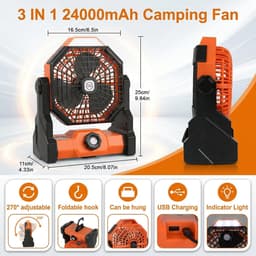 Draagbare campingventilator/tentventilator, 24000mAh capaciteit, 3-in-1 buitenventilator met LED-verlichting, 3-4 windsnelheden, geschikt voor buitenreizen, vissen en tenten. — thumbnail 2