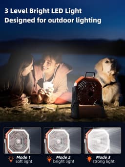 Campingventilator met 20000mAh accu, 4 windsnelheden, stille USB-ventilator met LED-verlichting, 270° draaibaar, oplaadbare tafelventilator, werkt op batterijen, geschikt voor reizen, picknicks en wandelen. — thumbnail 2