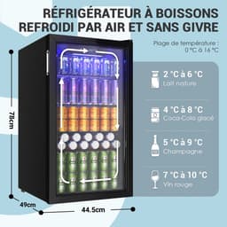 Joorly Mini Koelkast - Minibar - Drankkoelkast met glazen deur - Minibar voor 126 blikjes - met LED en temperatuurregeling - Wijn en bier koelkast - 49×44,5×78 cm - Grijs - RVS — thumbnail 2