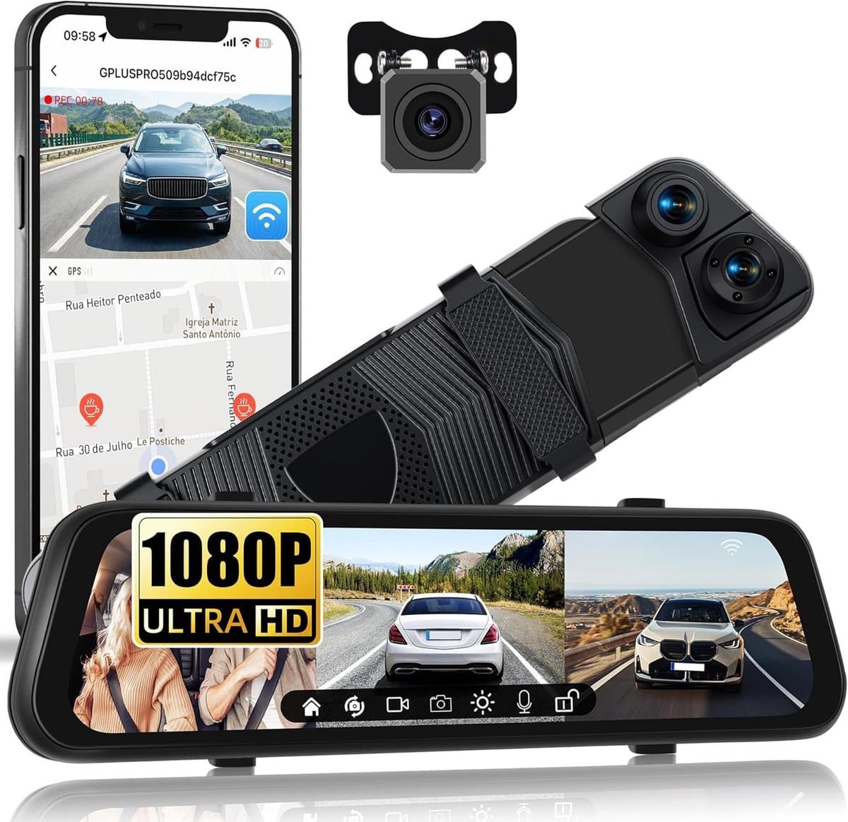 Dashcam Achteruitkijkspiegel - 9,66 Inch HD Touchscreen - 1080p + 2 x 720p - Met Wifi en App - Voor Auto's en Bestelwagens — afbeelding 1