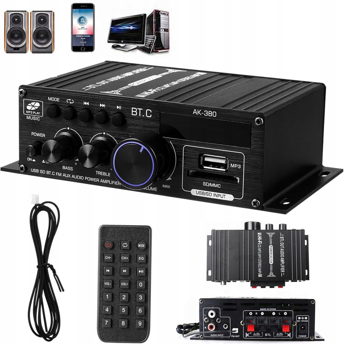 12V Bluetooth Versterker 40W - 2.0 Stereo & Aluminium Behuizing - FM USB SD Multi-source - 90dB Signaal-ruis & 20Hz-20kHz - Incl. Afstandsbediening - Voor Thuis & Auto — afbeelding 1