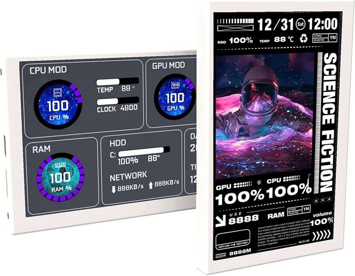 SnelShoppen - 5 Inch IPS USB Mini Scherm, Tweede Monitor voor Computerbehuizing met Temperatuurweergave, Type C Sub-Scherm met Beugel, 360 Graden Rota — afbeelding 1