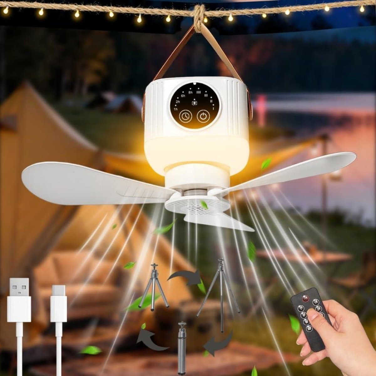 GELLDG Plafondventilator met Verlichting - Draadloze Kleine Deckenventilator met USB Oplaadbare Accu en Timer - Geschikt voor Camping, Pavillon en Terras - 8.5x8cm - Kunststof - Inclusief Draadloze Afstandsbediening — afbeelding 1