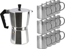 Aluminium moka/koffiemaker met 12x RVS kopjes - Koffiezetapparaat met mokken - Italiaanse koffiezetter — thumbnail 1