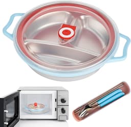 Microwave Plate 850 ml - Magnetron Schaal met Deksel - Magnetron Schotel met 3 Compartimenten en Ventilatie - Magnetron Servies met Bestek - BPA Vrij - Blauw — thumbnail 1