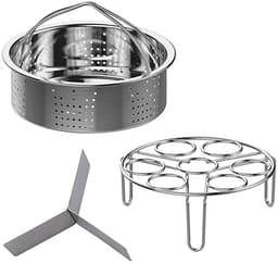 Driedelige accessoire set voor snelkookpan, inclusief roestvrijstalen stoommandje, eierstoommandje en stoomrekje. — thumbnail 2