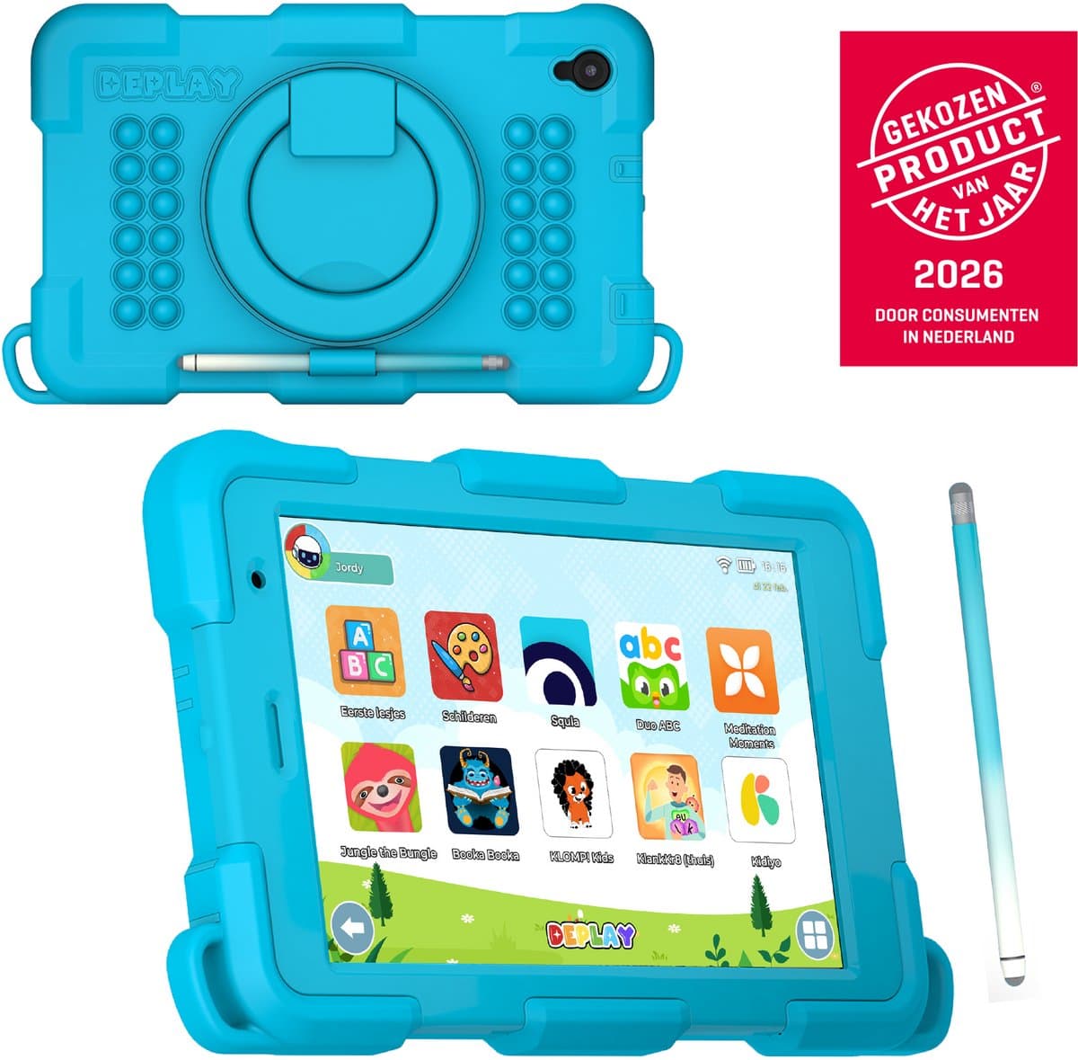 DEPLAY Kindertablet SMART 5 – Android 15 - 64GB Opslag - 4GB RAM – Kidsproof Tablet – Ouder controle – Vanaf 2+ Jaar – 8 Inch – Met Pen, Beschermhoes, Keycord & Blauwlicht Screenprotector – 5000 mAh Batterij – Blauw — afbeelding 1