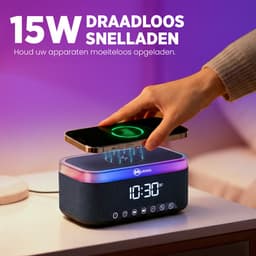 Muring Digitale Wekkerradio – Digitale Klok Slaapkamer – 15 W Draadloos opladen - Speaker met bluetooth - 13 Lichtstanden - Lichtwekker – Wekker voor kinderen & volwassenen – Netstroom – Alarmklok – Zwart — thumbnail 5