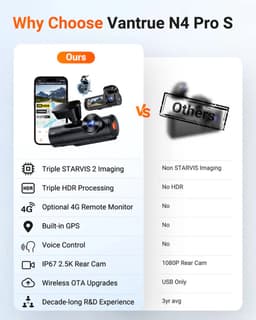 VANTRUE N4 Pro S 4K dashcam voor de auto, 3-kanaals 4K + 1080P + 1440P met GPS, parkeerbewaking 24 uur, spraakbediening, IR-nachtzicht, LTE — thumbnail 2