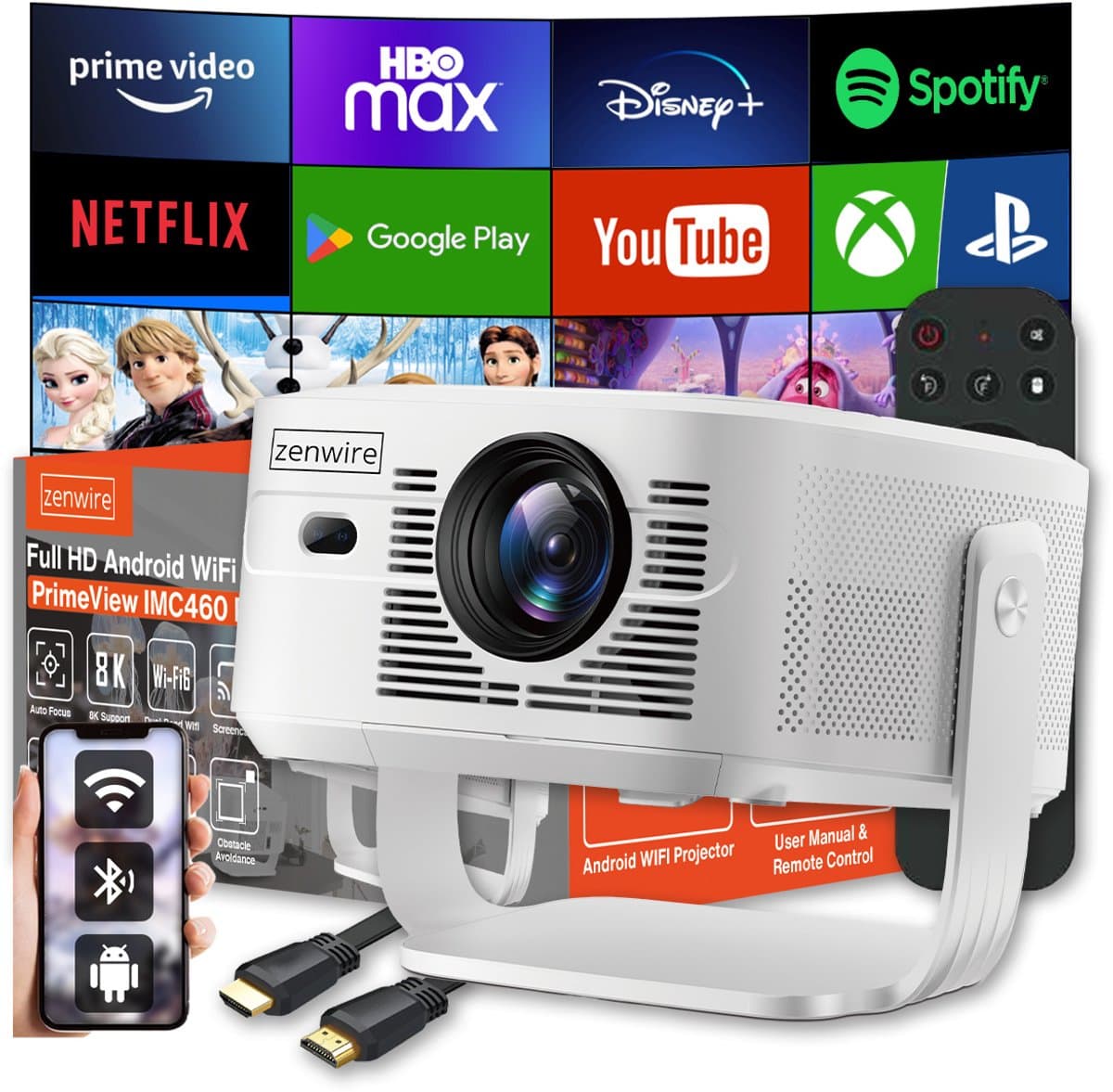 Zenwire Primeview IMC460 Beamer - Projector Full HD 1080p met 4K 8K Support - Android 14 - 950 ANSI Lumen - WiFi 6 - Bluetooth 5.4 - Autofocus - 2GB RAM / 16GB ROM — afbeelding 1