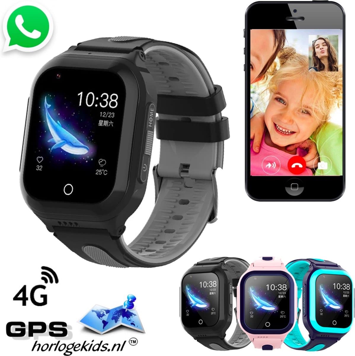 GPSHorlogeKids© - GPS horloge kind - smartwatch kinderen - WhatsApp - 4G videobellen - spatwaterdicht - SOS alarm - incl. SIM - OMNI Zwart — afbeelding 1