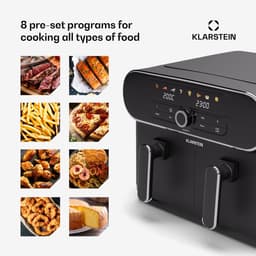 Klarstein AuraAir Color Touch Dual Heteluchtfriteuse – 10 liter heteluchtfriteuse met twee compartimenten, 1700 W, 8 programma's, touchscreen, 75% minder vet, antiaanbaklaag, oververhittingsbeveiliging, zwart/zilver — thumbnail 2