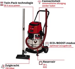 Einhell Professional Accu Nat-/Droogzuiger TP-VC 36/30 S Auto Li Solo - Power X-Change - 36 V/Li-ion - 30 L - ECO/BOOST-modus - 100/150 mbar - Connectiviteitsfunctie - Incl. 11-delige Accessoireset - Excl. accu en lader — thumbnail 2