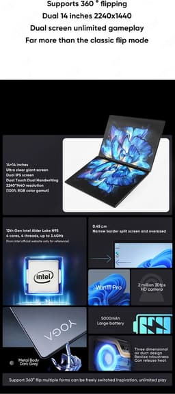 Elementkey TouchMaster Pro – 14 Inch Tablet + Laptop In 1 - Intel® Processor N95 12th Gen – 360° Touch Dual Scherm - Windows 11 PRO - 16GB DDR4 RAM – 1TB SSD – Stylus Pen – Zwart — thumbnail 3